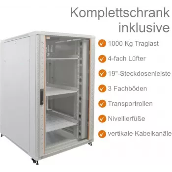 Ensemble complet de baie serveur 19 pouces IT-BUDGET SRK - 27U - 800x1000 mm - porte vitrée/acier - 4 ventilateurs actifs - PDU - étagères - flatpack - gris clair 90ITB19SRK27810GG