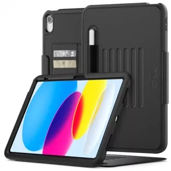 Étui SEYMAC pour iPad 11e/10e génération 2025/2022 (11/10,9 pouces) A16, coque de protection antichoc avec fermeture magnétique veille/réveil automatique, emplacements pour cartes, support multi-angles et porte-stylet, noir
