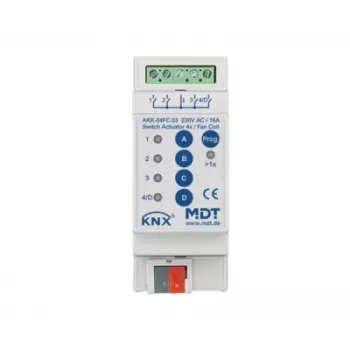 Actionneur de ventilateur-convecteur KNX MDT AKK-04FC.03, 4 sorties de commutation, 16 A, 230 VAC, 2 TE, 70 µF, 10 EVG