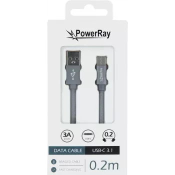 PowerRay Data Cable PR-DCUC020TGY, USB-A to USB-C, 0.2 m, Textile Grey, Blister
