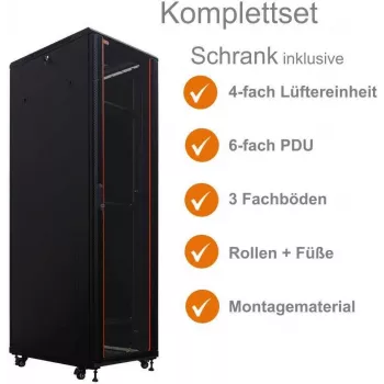 Ensemble complet baie réseau 19 pouces IT-BUDGET SRK - 42U - 600x800 mm - porte verre/acier - 4 ventilateurs actifs - PDU - étagères - assemblé - noir (99ITB19SRK4268GSM)