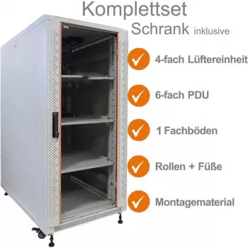 IT-BUDGET Armoire réseau 19 pouces SRK ensemble complet - 18U - 600x1000 mm - porte vitrée/acier - 4 ventilateurs actifs - PDU - étagères - montée - gris clair 99ITB19SRK18610GGM