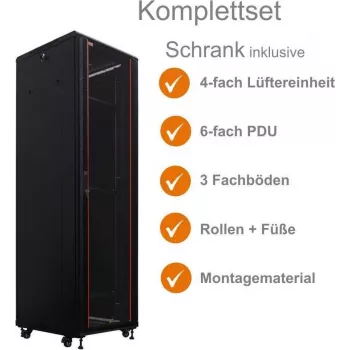 Armoire réseau 19 pouces IT-BUDGET SRK ensemble complet 42U 600x600 mm porte verre/acier 4 ventilateurs PDU étagères préassemblée noire 99ITB19SRK4266GSM
