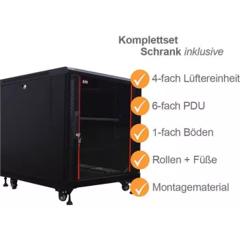 Ensemble complet d'armoire serveur 19 pouces IT-BUDGET SRK - 12U - 600x1000 mm - porte en verre/acier - 4 ventilateurs actifs - PDU - étagères - flatpack - noir 90ITB19SRK12610GS