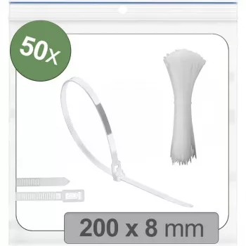 Attache de câble réutilisable Quadrios 25CA711, 200 x 8 mm, blanc, stabilisée UV, résistante aux intempéries, lot de 50