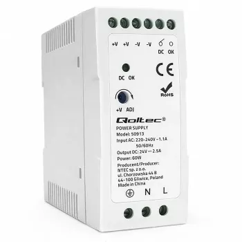 Alimentation sur rail DIN Qoltec 60W 24V 2,5A blanche Slim