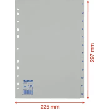 Intercalaires en plastique LEITZ Esselte, numérotés 1-12, A4, blanc, perforation universelle, 10 ensembles (100153)