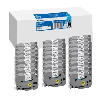 Lot de 20 rubans d'étiquetage laminés compatibles Brother TZe-251 G&G 24 mm x 8 m noir sur blanc 5T251-20TDGG