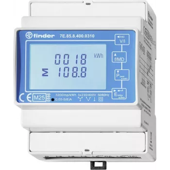 Compteur d'énergie numérique monophasé Finder 7E.85.8.400.0310, raccordement direct, classe B, sortie impulsion S0, rail DIN