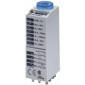 Relais temporisé multifonction Finder 85.03.0.125.0000, 1 CO 16 A, 12-24 V AC/DC, 0,05 s-100 h, rail DIN