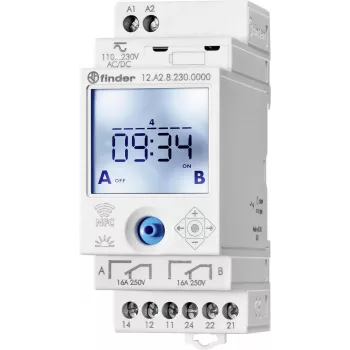 Finder 12A200240000 interrupteur horaire astronomique numérique, 2 canaux, programmes journalier/hebdomadaire/astro/jours fériés/impulsion, rail DIN, 230 V AC, 16 A