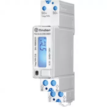 Compteur d'énergie numérique monophasé Finder 7M.24.8.230.0001, 230 V AC, 5(40) A, classe 1, LCD, sortie d'impulsion S0, rail DIN, 1 module, non conforme MID