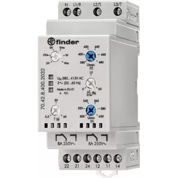 Relais de surveillance triphasé Finder, 380-415 V AC, 2 CO, rail DIN, 35 mm 704284002032