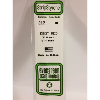 Tige ronde en polystyrène Evergreen 212 2 mm x 350 mm, 6 pièces
