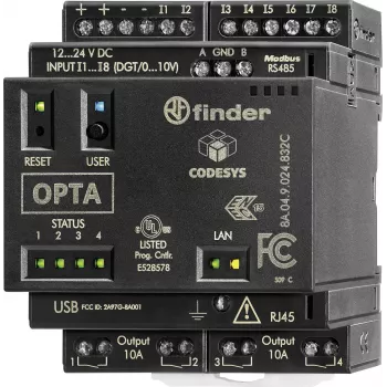 Module de commande automate (PLR) Finder programmable, 24 V DC, 8 entrées numériques, 4 entrées analogiques, 4 sorties relais, 8 A, afficheur LCD, montage sur rail DIN, 8A.04.9.024.832C