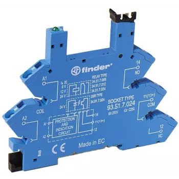 Support de relais Finder 93.51.8.240, bornes à ressort, rail DIN, bleu, pour 34.51/34.81
