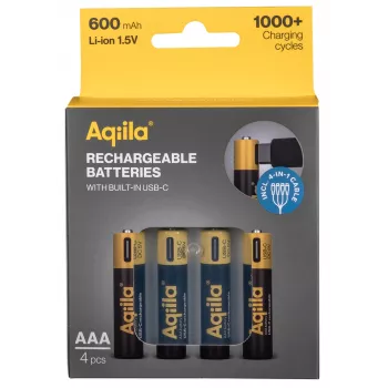 AQIILA AAA NiMH Rechargeable Batteries with USB-C, 1.2 V, 600 mAh, 4-Pack AQ60AAA374C4