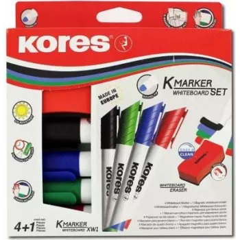 Ensemble de marqueurs tableau blanc Kores, 4 marqueurs + effaceur, pointe ronde, 3,0 mm, séchage rapide, couleurs assorties M20863