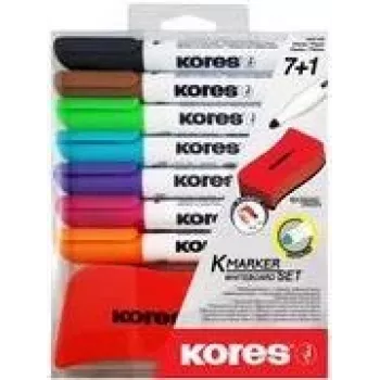 Ensemble de marqueurs pour tableau blanc Kores, 7 marqueurs + effaceur, pointe ronde, 3,0 mm, séchage rapide, couleurs assorties (M20866)