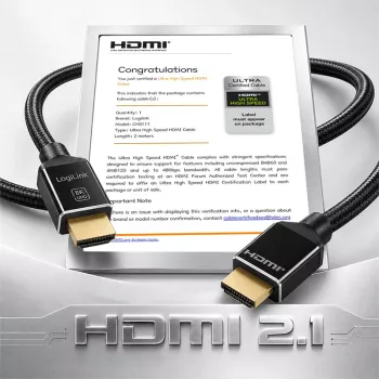 Câble HDMI LogiLink A/M vers A/M 8K/60 Hz 48 Gbit/s métal nylon certifié noir 2 m