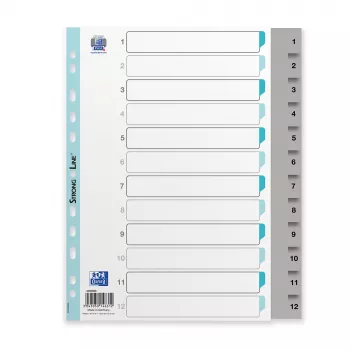 Oxford A4 Intercalaires en plastique, 12 parties, numérotés 1-12, gris, PP 0,12 mm, perforation euro 400033989