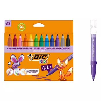 Feutres BIC KIDS Comfort Jumbo, couleurs assorties, lot de 12, pointe 1,4 mm, lavables 517250