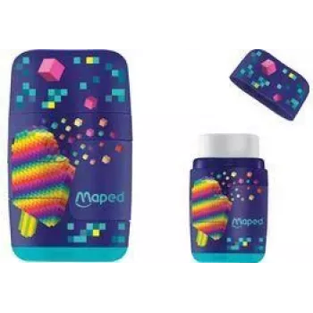 Maped Pixel Party combo gomme & taille-crayon, double trou, réservoir de copeaux translucide, couleurs assorties 049223
