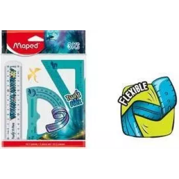 Kit de géométrie Maped Twist'n Flex Dragon, 3 pièces, plastique flexible, incassable, règle 15 cm, rapporteur 180°, équerre 45°/45°/90° 981898