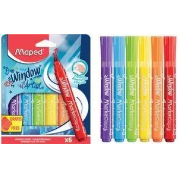 Marqueurs pour fenêtres Maped MARKER'PEPS, 6 couleurs différentes, pointe ronde 2 mm, étui carton 844822