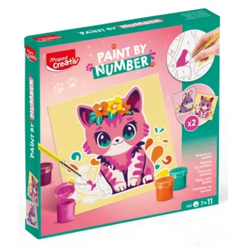 Kit de peinture par numéros Maped Creativ chat & lapin - 2 planches préimprimées, peintures acryliques, pinceau, dès 7 ans 907083