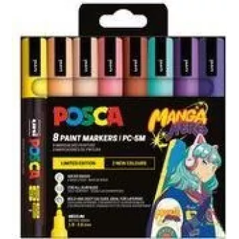 Ensemble de marqueurs pigmentaires POSCA PC-5M, 8 couleurs, Manga Hero, pointe ronde moyenne, résistant à l'eau, résistant à la lumière, inodore PC5M/8APF ASS74