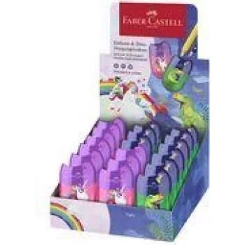 Boîte de taille-crayons doubles FABER-CASTELL Dino/Licorne, présentoir avec réservoir à copeaux pour une taille facile et propre, 18 pièces (183551)