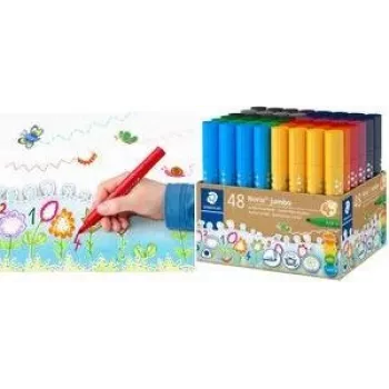 Feutres STAEDTLER Noris Jumbo 328-B KP48, 48 couleurs assorties, pointe fibre 3,0 mm, corps triangulaire, encre lavable, capuchon ventilé, gobelet réutilisable