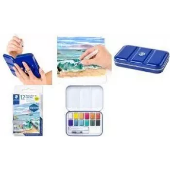 Ensemble de peinture aquarelle métallique STAEDTLER 888M M12-C, 12 couleurs en boîte métallique avec palette de mélange et anneau de préhension