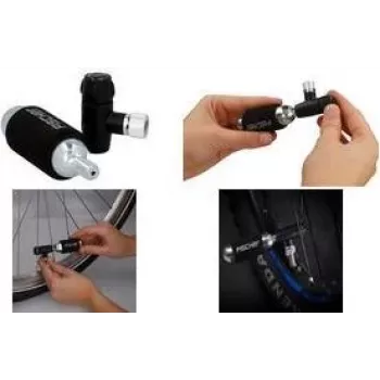 Pompe à main vélo FISCHER avec gonfleur CO2, tête de valve universelle pour Schrader, Dunlop, Presta, 8 bar, noir/argent 50392