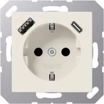Prise SCHUKO JUNG A 1520-15 CA 16 A 250 V avec chargeur USB 1 x type A + 1 x type C, Safety Plus, série AS, blanc (ivoire)