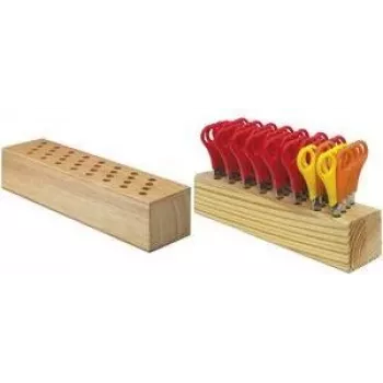 Bloc porte-ciseaux en bois Westcott 112TidyC 00 avec 32 ciseaux pour enfants, 130 mm, pointes arrondies, graduation 5 cm