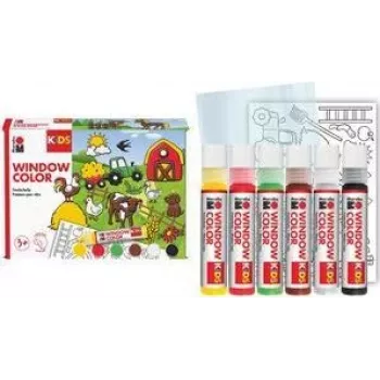 Marabu KiDS Window Color Set Farm, 6 x 25 ml Peelable Window Paint, Water-Based, Removable, 1 Set (0306000000006)