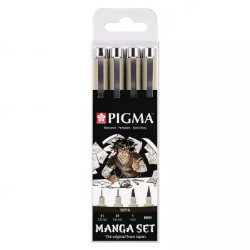 Ensemble de fineliners et pinceaux SAKURA Pigma Micron Manga Set Sepia, 4 pièces, dans un étui réutilisable POXSDKMAN4