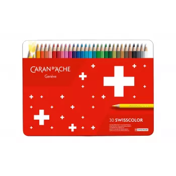Crayons de couleur résistants à l'eau Swisscolor CARAN D'ACHE, 30 couleurs assorties, bois de cèdre, hexagonaux, boîte métallique 1284.730
