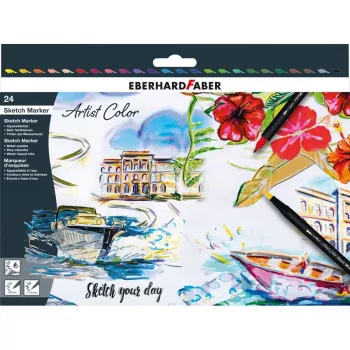 Ensemble de 24 feutres double pointe Faber-Castell Eberhard Faber Artist Color, pointes fineliner et pinceau, couleurs assorties 558224