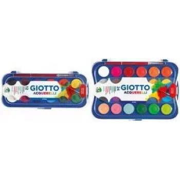GIOTTO Opaque Watercolor Paint Set, 12 Colours, 30 mm Pans, High Opacity, Plastic Case, Includes Brush (F351200)