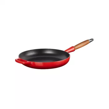 Poêle à frire en fonte avec manche en bois LE CREUSET 28 cm rouge