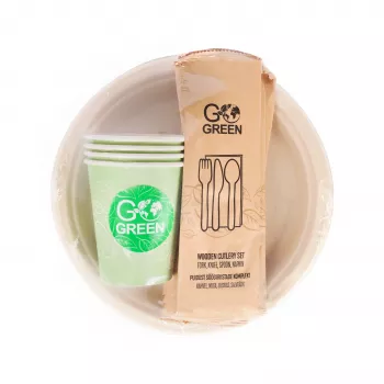 GOGREEN service de vaisselle de pique-nique compostable pour 4 personnes, 24 pièces, végétal, blanc naturel