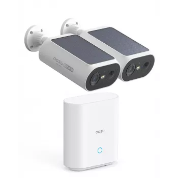 Système de caméra de sécurité intelligente AOSU SolarCam P1 SE kit de 2 caméras, 2K QHD, sans fil, alimenté par l'énergie solaire, vision nocturne en couleur, audio bidirectionnel, IP65, 2 caméras