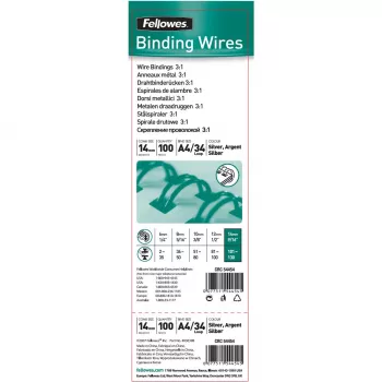Peignes de reliure à double boucle Fellowes 14 mm 34 anneaux argent pour A4, 130 feuilles, pack de 100 (54454)