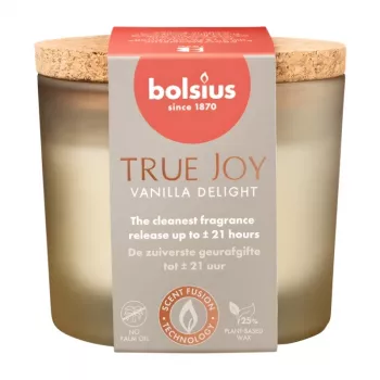 Bougie parfumée en verre avec couvercle en liège BOLSIUS True Joy Vanilla Delight, Ø66x83 mm