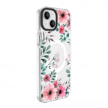 Coque Evelatus transparente avec MagSafe pour iPhone 15 Plus, motif fleurs