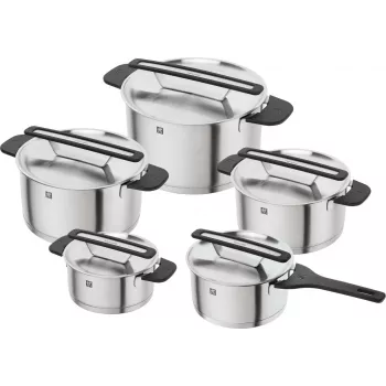 ZWILLING MORE set de 5 ustensiles de cuisson en acier inoxydable avec couvercles en verre, compatible induction