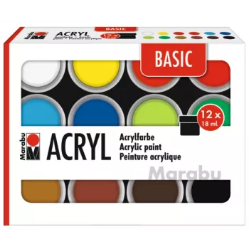 Marabu BASIC Acrylic Paint Set, 12 x 18 ml, High Pigmentation, Very High Lightfastness 1210000000214